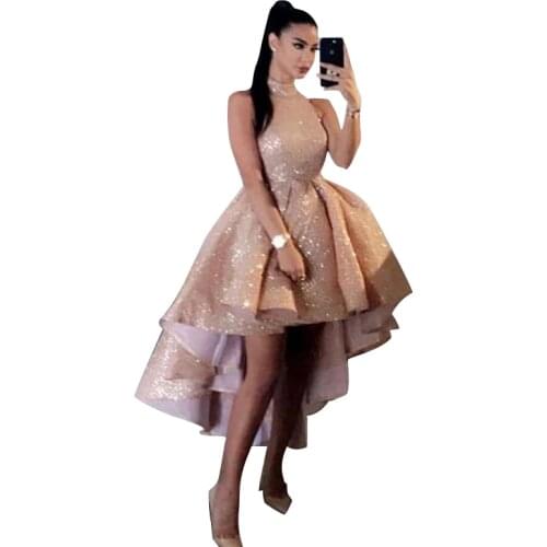 Elegant Rose Gold Prom Dresses 2020 Women Formal Party Night Evening Dress Sexy Short Front Long Back Sleeveless Vestido De Gala