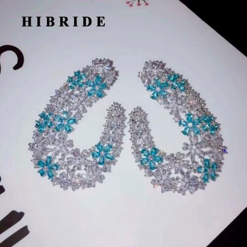 HIBRIDE Fashion Elegant Flower Shape Stud Earrings For Women Bridal Party Blue CZ Brincos Big Earrings E-904