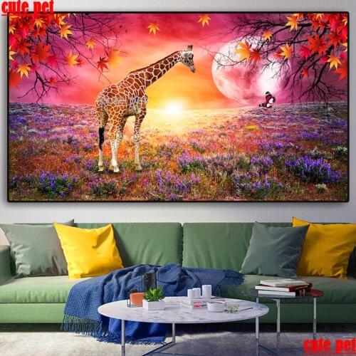 Large animal Full Square Diamond 5D Giraffe elk under the moon puzzle DIY Diamond Painting Embroidery Cross Stitch Mosaic decor