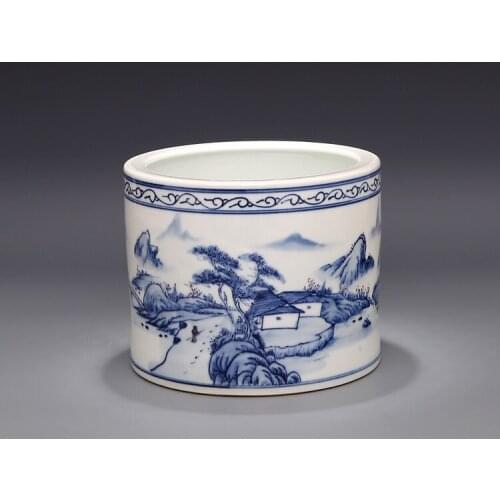 Qing Yong Zheng Year Mark Handpainted blue and white mountains household pen container stationery pen vase antique porcelain