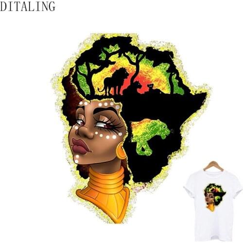 Beautiful African Girl Clothing Patch Iron-On Transfer For T-Shirt DIY Washable Appliqued Lion Thermo-Sticker Dropshipping Patch