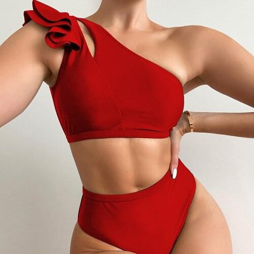 ZT230 Flounce Edge One Shoulder Swimsuit High Waist Solid Color Swimwear Sexy Two Piece Sets Women Swim Suits