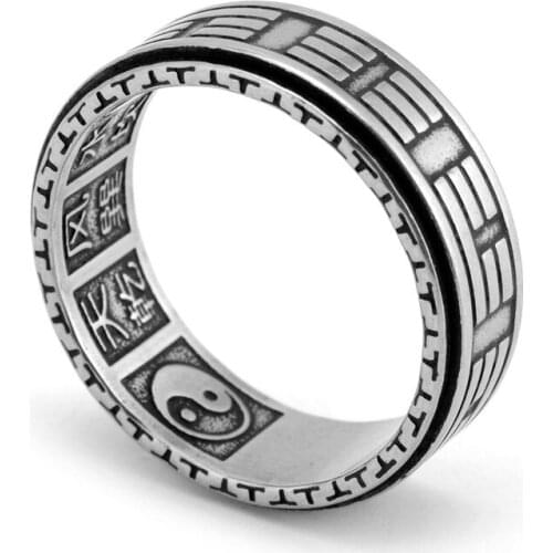 New Chinese Kongfu Tai Chi Spinner Mantra Silver Ring color Rotatable Men Stainless Steel Anniversary Gifts For Husband Gift