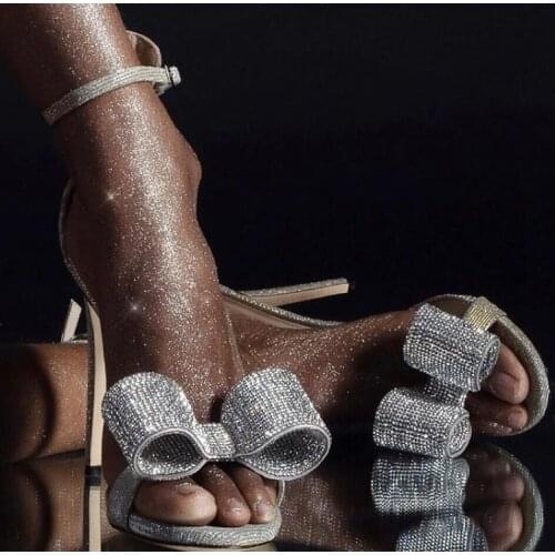 Mules shoes women rhinestone Big bow sexy pointed toe cup heels sandals woman slippers