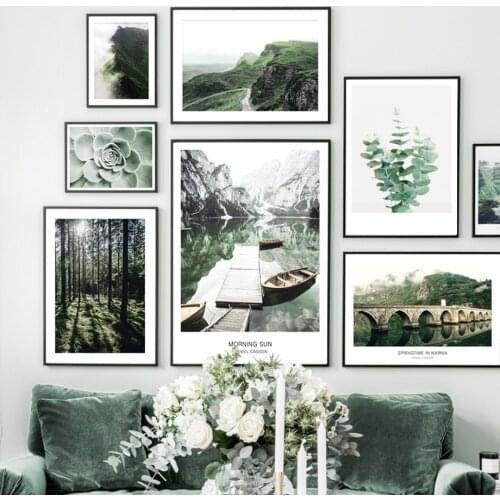 Green Boat Eucalyptus Lake Bridge Wall Art Canvas Painting Nordic Posters and Prints Living Room Decoration Painting Wall