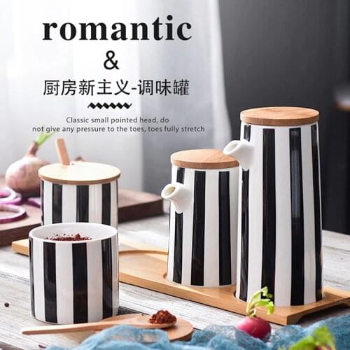 Nordic Black and White Stripes Ceramic Spice Jar Combination Set Salt Sugar Oil Soy Sauce Bottle Vinegar Pot Kitchen Supplies