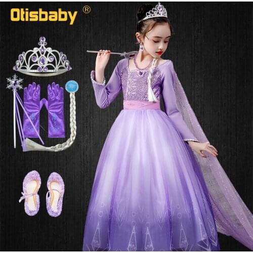 NEW Winter Girls Long Sleeve Sequin Purple Snow Queen Elsa 2 Dress with Long Cape Children Girl Christmas Birthday Party Costume