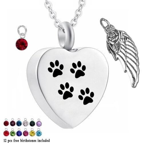 Paw print 12 Piece Birthstone Crystal Urn Necklace Heart Memorial Keepsake Wing Pendant Cremation Jewelry for Ashes