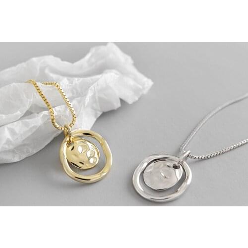 100% 925 sterling silver irregular concave surface circle pendant necklace women, gold color statement necklace long jewelry