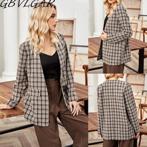 Fashion Autumn Women Plaid Blazers And Jackets Work Office Lady Suit Double Pocket Cardigan Business Female Blazer Coat Talever