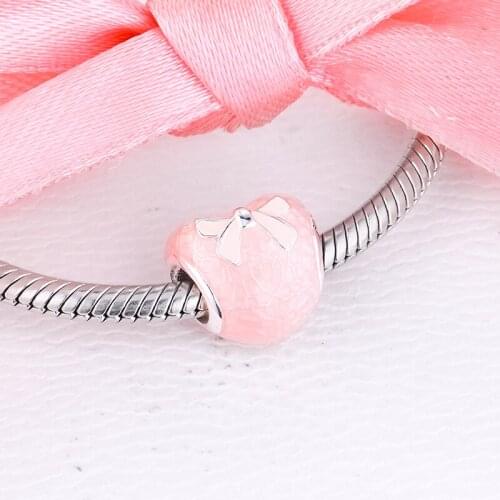 Fits for Pandora Bracelets Pink Bow and Lace Heart Charms With Enamel Authentic 925 Sterling Silver Beads Jewelry Free Shipping