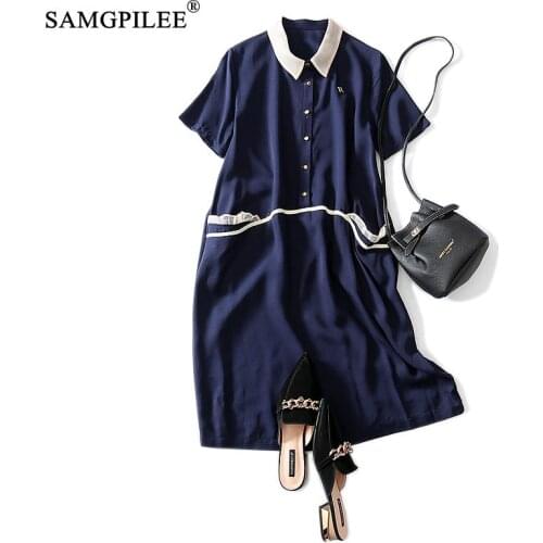 Casual Womens Dresses 2021 New Korean Style A-line Solid Short Sleeve Button Elegant Polo Collar Birthday Dress For Woman 4XL