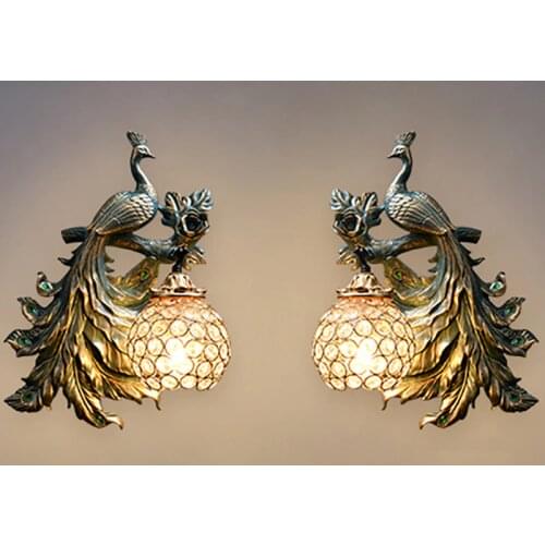 Retro LED Resin Wall Lamp for Living Room Bedroom Sofa TV Background Wall Light Home Decoration Peacock Model Wall Sconce Lamp