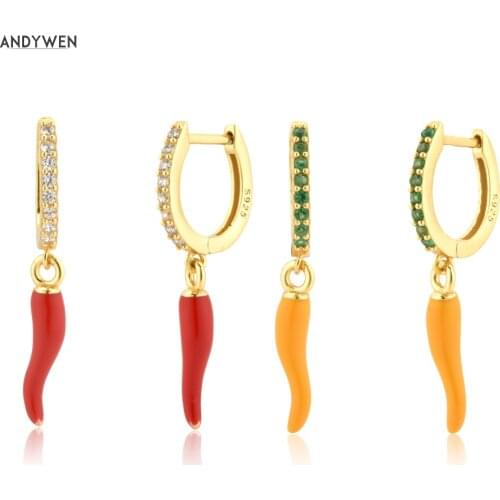 ANDYWEN 925 Sterling Silver 8.5mm Enamel Yellow Chili Red Spicy Drop Earring Clips Piercing Pendiente 2021Rock Punk Party
