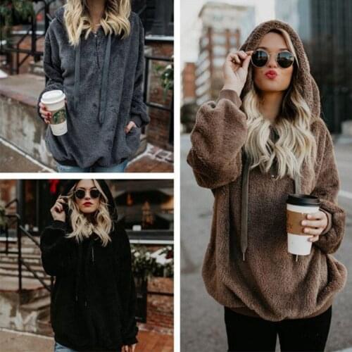 Women Winter Solid Long Sleeve Hooded Zipper Fleece Plush Hoodies Female Sweatshirt Fashion Loose Clothes