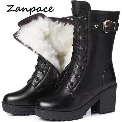 ZANPACE Leather Women Boots High-heeled Wool Keep Warm Women Shoes Large Size 42 Winter Martin Boots High-quality Snow Boots