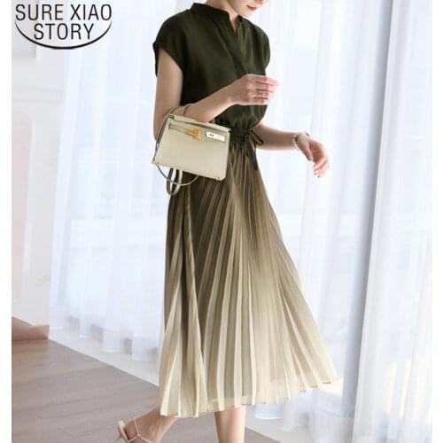 Pleated Long Dress Elegant Long Dress Women Summer 2021 Short Sleeve Ladies Fashion Pullover OL Korean Female Clothes New 15337