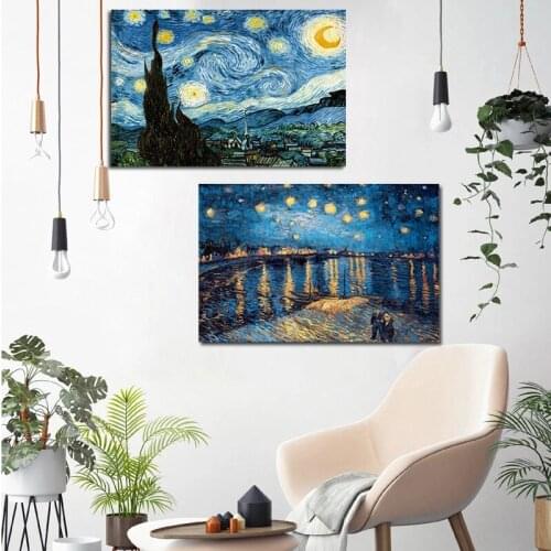 Famous Van Gogh Starry Night Classic Landscape Oil Painting Reproductions on Canvas Poster Print Wall Picture for Living Room