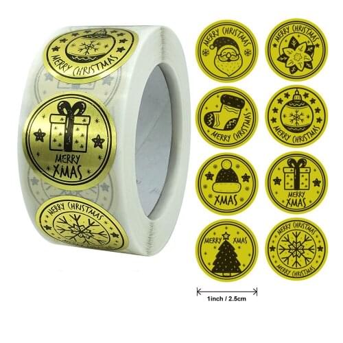 1Inch Gold Merry Christmas Stickers With 8 Different Design Sealing Label Stickers For Packaging Gifts Box Stationery Decoration