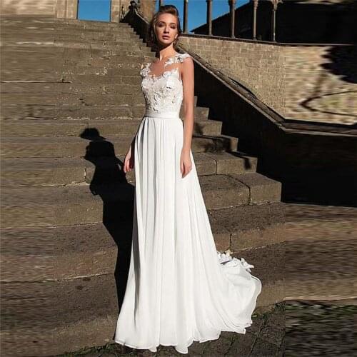 2020 Scoop Neck Lace Appliques Top A-Line Wedding Dress Chiffon Simple Sweep Train Bridal Gowns Beach Robe De Mariee