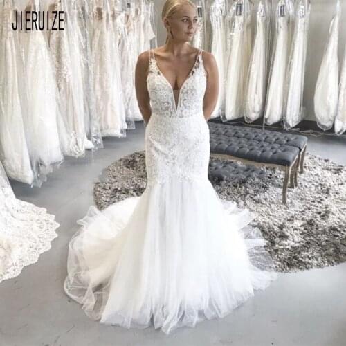 JIERUIZE White Sexy Tulle Mermaid Wedding Dresses Deep V Neck Sleeveless Lace Appliques Backless Bridal Gowns vestido de noiva