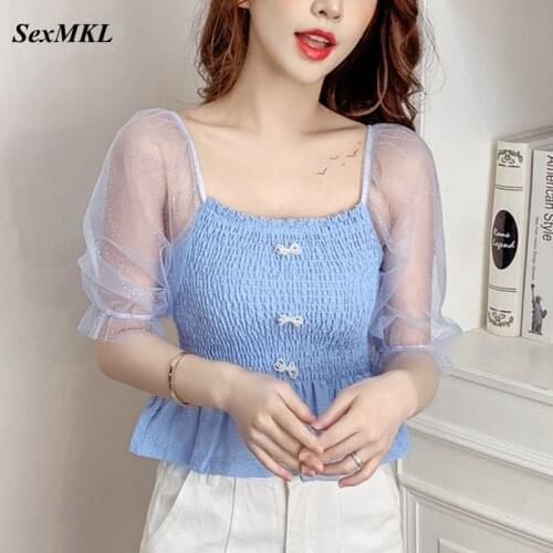 Blusas Mujer De Moda 2021 New Fashion Summer Puff Sleeve Corset Top Blouse Women Sexy Slim Shorts Crop White Blue Chiffon Shirts