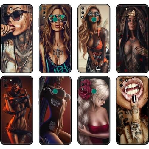 Black tpu Case For Huawei Y9S Y6S Y8S Y5P Y7P Y8P Case For Huawei Y5 lite Prime 2018 Y6 2019 Cover Sexy Sleeve Tattoo Girl