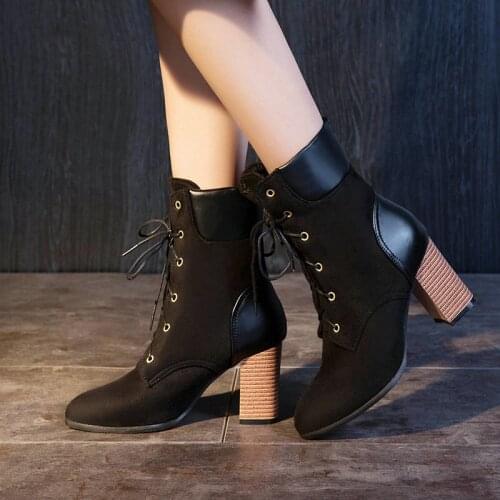 Spring Autumn Cross Tied Female Ankle Boots Imitation Suede Thick High-Heel Short Boots Fashion Winter Warm Womens Shoes