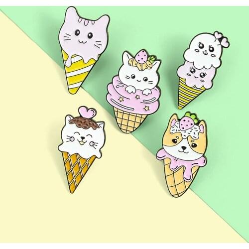 Ice Cream Enamel Pin Custom Cat Dog Kitten Puppy Cone Kawaii Brooches Bag Lapel Pin Animal Badge Cute Jewelry Gift for Friends
