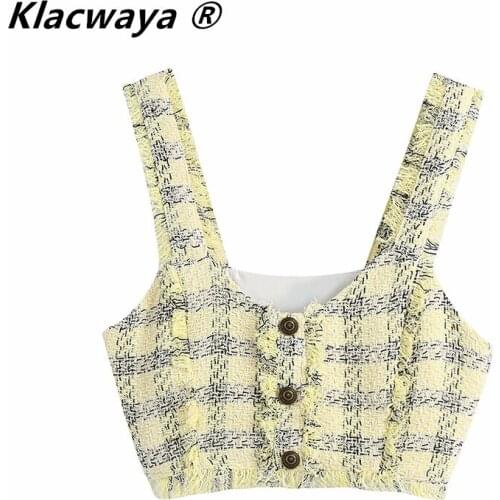 Klacwaya Za Women 2021 Summer Tank Top Plaid Yellow Crop Top Fashion Textured Button Tassel Sleeveless Sexy Tanks Tops