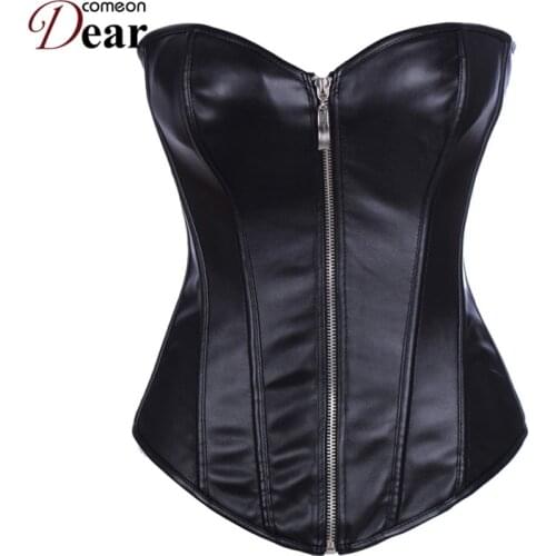 Comeondear Fashion Trend Black Leather Waist Trimming Corsets with Zip Push Up Steel Boned AB2803 Underbust Corset