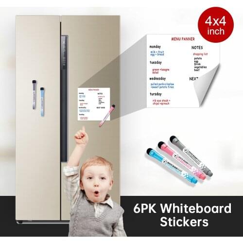 Labelwell 6Pcs 4*4 inch Magnetic Whiteboard Stickers 3Pen Dry Erase Board Writing Fridge Sticker Message Board School Board Gift