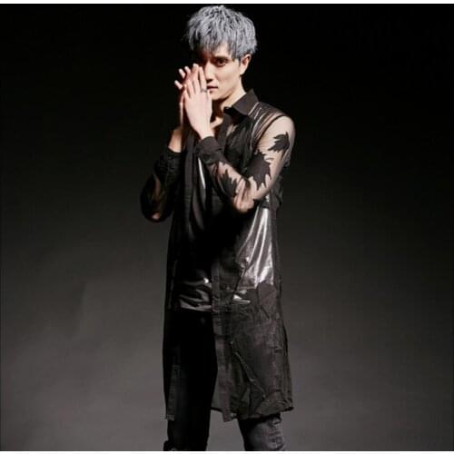 2020 Summer Tide Men Performance Slim Nightclub Bar Sunscreen Long Shirt Transparent Long-sleeve Shirt Singer Stage Costumes