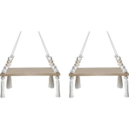 Wall Hanging Shelf, Set of 2 Cotton Rope Floating Shelves for Wall, Wood Organizer to Decorate Living Room/Bedroom