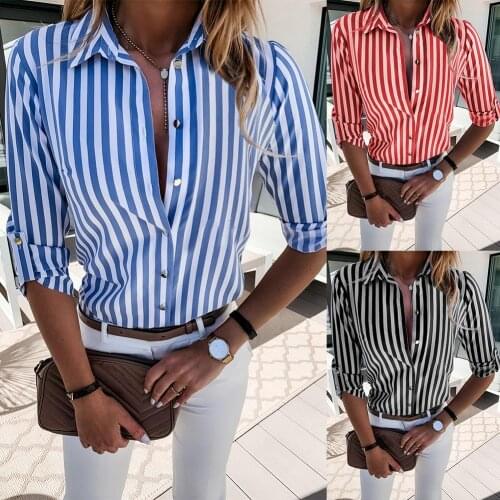 Explosive style autumn new style wan sleeve button stripe printing ladies shirt for women