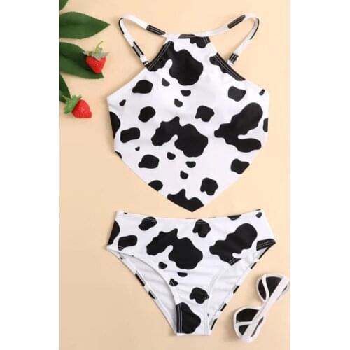 8-14 Year Kids Girl Swimsuit two Piece Summer Crisscross Cow Floral Print Outdoor beach Swimming pool Suit For Children Teens