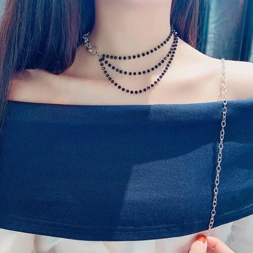 Black Crystal Beads Choker Necklace Multi Layers Women Sexy Statement Necklace Fashion Jewelry