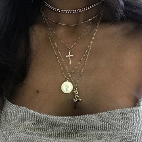 Trendy New Fashion Cross Coin Rose Multi layer Choker Necklace Woman Flower Collar Layered Pendants Necklaces for Summer Beach