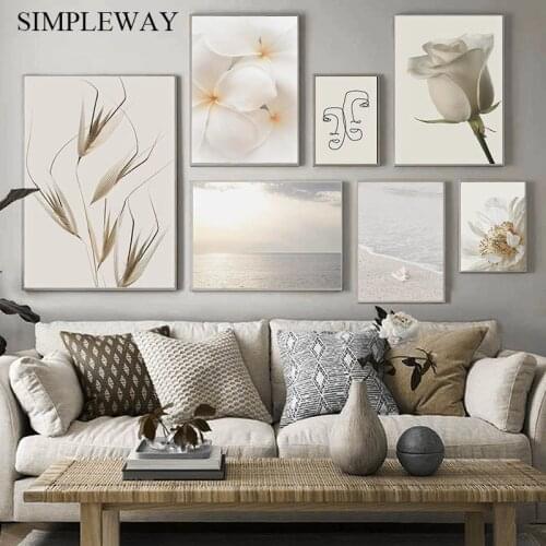 Peony Flower Beige Canvas Wall Print Seascape Art Painting Nordic Abstract Line Drawing Poster Modern Home Decoration Picture