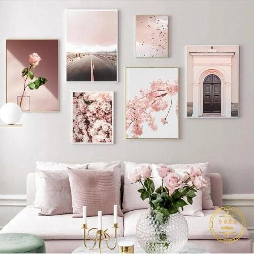 Pink Flower Cherry Blossoms Rose Bird Group Canvas Painting Nordic Posters and Prints Wall Art Pictures for Modern Home Decor
