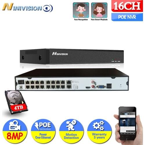 4K 16 Channel NVR H.265+ 16CH NVR Face Detection 4 HDD Support ONVIF RTSP with 16 ports POE for For Security Kit