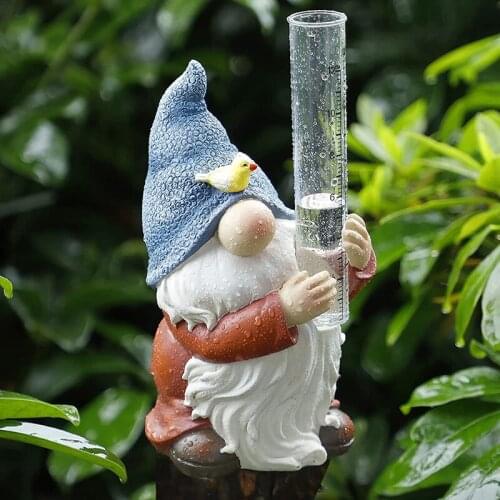 Resin Gnome Rain Gauges, Resin Gnome Garden Statue with a Plastic Rain Gauge, Hand Painted Gnome Sculpture Water Gauge for Rain