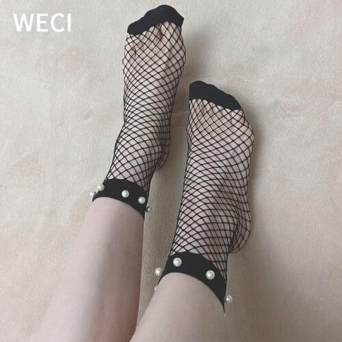 WECI Womens Summer Pearls Short Ankle Mesh Socks With Beads Are Cute Fun Black Harajuku Cool Fishnet Shiny Socks Ladies Korean