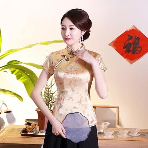 Women Chinese Short Sleeve Stand Collar Dragon Phoenix Print Ethnic Blouse Shirt
