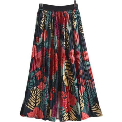 2021 New Spring Summer High Waist A-line Skirt Women Retro Print Pleated Floral Skirt Mid-length Half-length Female Skirts 182A