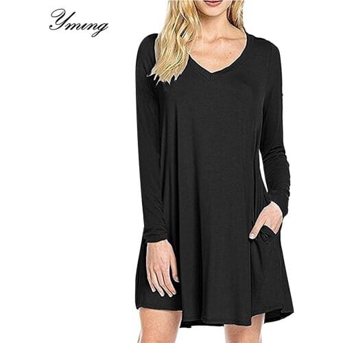 YMING Women’s Casual V Neck Long Sleeve Shirt Mini Plus Dress with Pockets Solid Party Dress Autumn Winter Clothing Vestidos