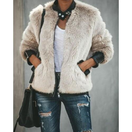 Women Warm Teddy Bear Fleece Leather Patchwork Pocket Long Sleeve Slim Jacket Zip Up Oversize Outwear Coats