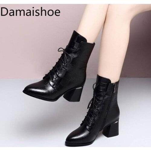Soft Leather Chunky Heel Short Boots for Women New Pointed-Toe Lace Plus Velvet Martens Boots Women Spring Women Platform Boots