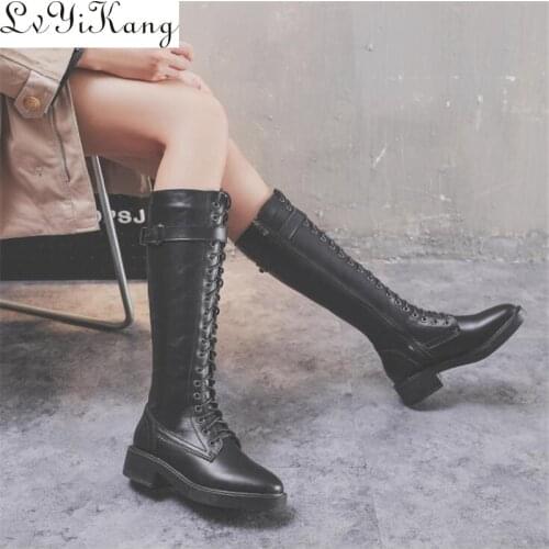 2019 New Women Knee-High Boots Women Round Head Side Zipper Boots Square Heels Boots Women Leather High-top Flat Boots 34-43