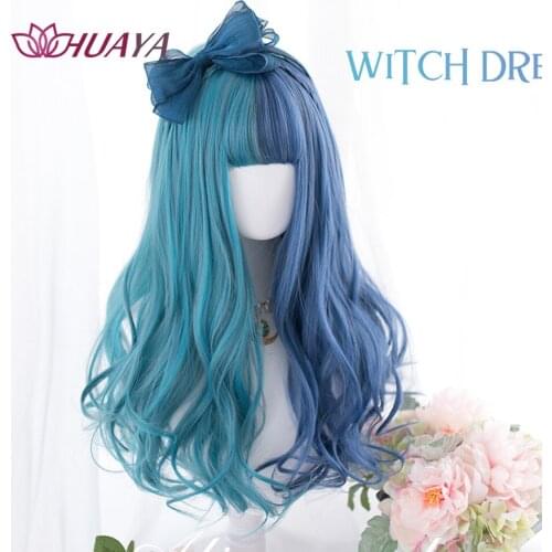 HUAYA Blue Mixed Green Synthetic Lolita Wigs For Women Long Wave Wig With Bangs Genshin Impact Cosplay Lolita Wigs